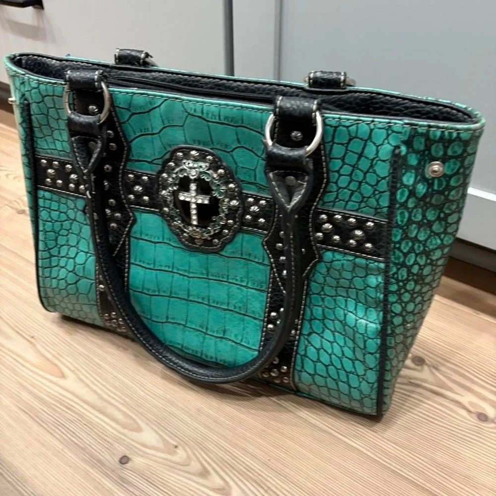 Cross studded teal y2k purse bag